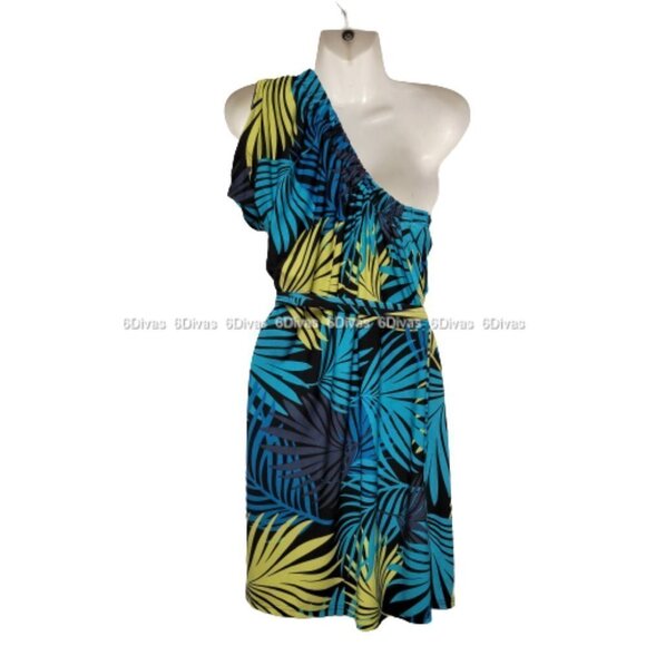 NEW One Shoulder Sexy Blue and Yellow Tropical Palms Print Summer Dress - Picture 4 of 8